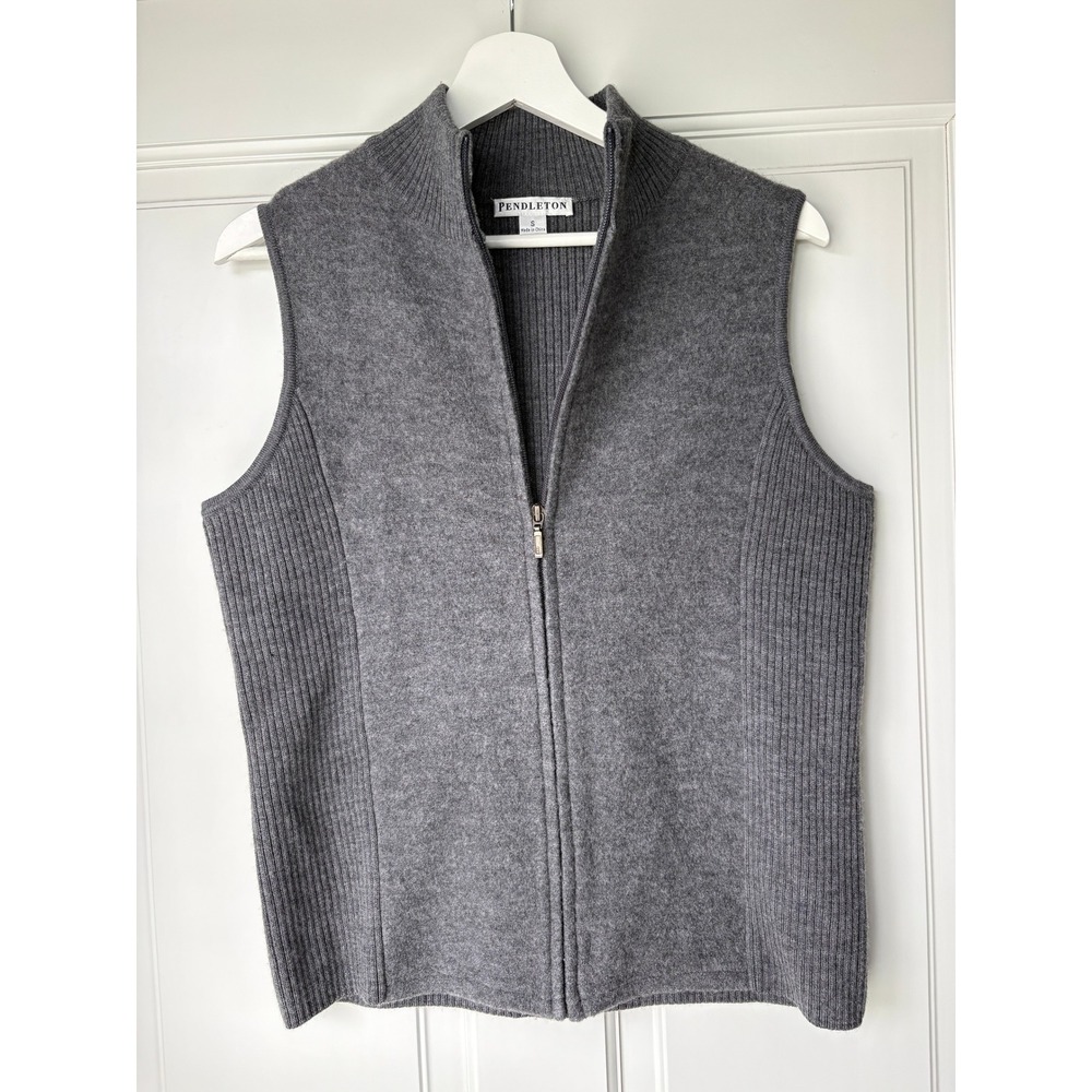 Pendleton Full Zip Sweater Vest S Gray 100% Merino Wool Mock Neck Ribbed Knit